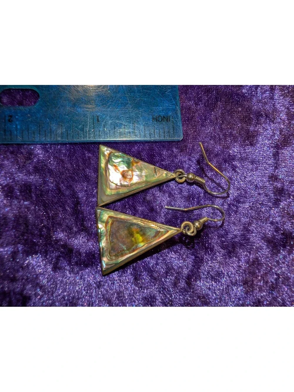 Vintage Alpaca Mexico Triangular Abalone Shell Dangle Earrings